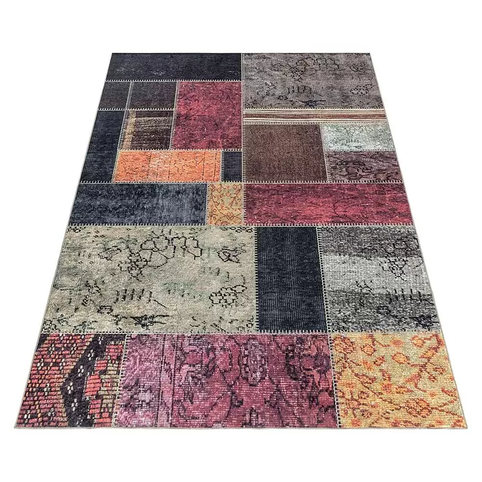 Flachgewebeteppich Fiesta - Multi, 250 x 80 cm, 100 % Polyester - Rechteckiger Patchwork-Teppich aus verschiedenen strukturierten Stoffstücken in verwaschenen Farben wie Rot, Orange, Grau und Schwarz.