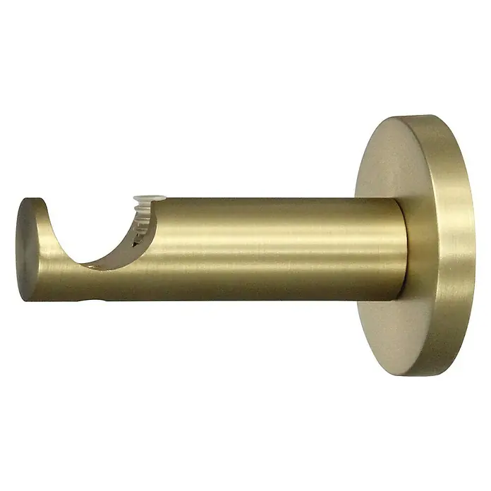 Expo Ambiente Träger Function - Messingoptik matt, Geeignet für: Gardinenstangen Ø 20 mm, 7,8 cm - Nahaufnahme einer Gardinenstangenhalterung aus gebürstetem Gold, die eine stilvolle und funktionelle Lösung für die Fensterdekoration bietet.