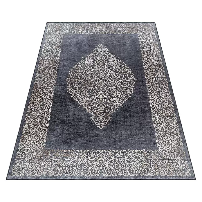 Flachgewebeteppich Fiesta - Schwarz, 150 x 80 cm, 100 % Polyester - Dunkelgrauer Teppich mit hellbeigem, ornamentalem Medaillon- und Bordürenmuster.