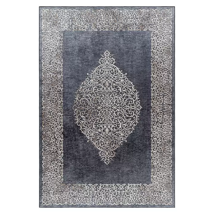 Flachgewebeteppich Fiesta - Schwarz, 150 x 80 cm, 100 % Polyester - Gemusterter dunkelgrauer Teppich mit einem aufwendigen beige-goldenen Blumenrand und einem großen zentralen Medaillonmuster.