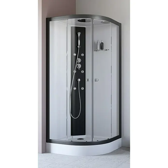 GEO Fix Komplettdusche - 90 x 90 x 215 cm, Gebogen, Weiß/Schwarz - Ein Duschpaneel mit Duschkopf, Massagefunktion und Ablagefächern in einer Duschkabine mit Glastüren.