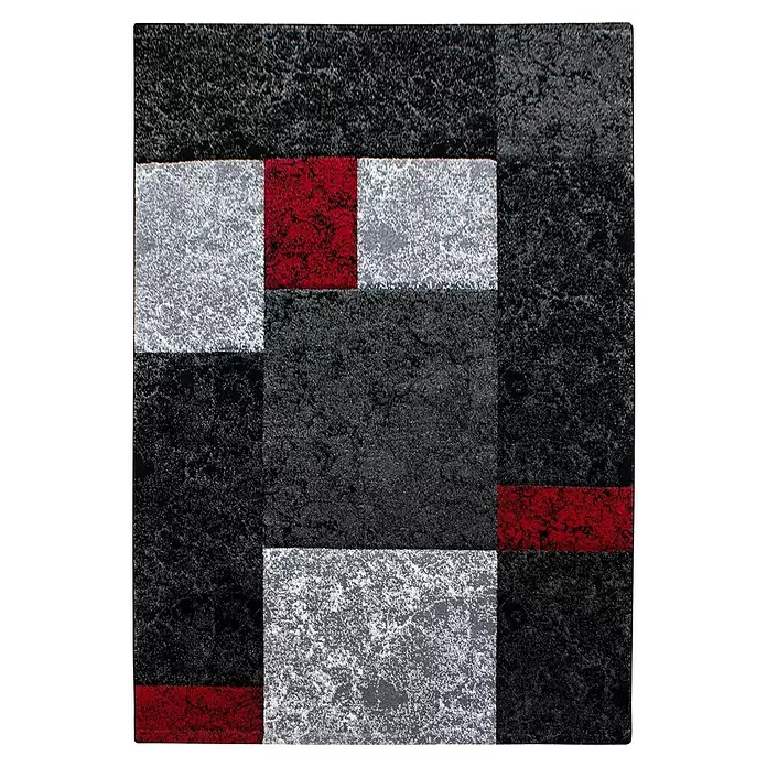 Kurzflorteppich Hawaii 1330 - Rot, 200 x 140 cm, 100 % Polypropylen - Weicher Geometrie-Teppich mit schwarzen, dunkelgrauen, hellgrauen und roten Blöcken.