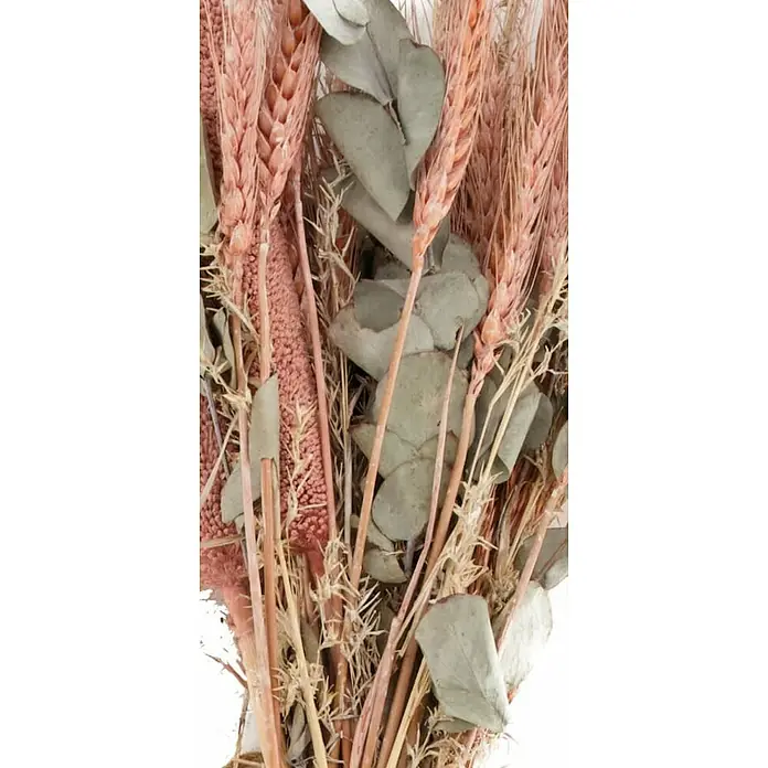 Ramo de flores secas - Largo: 50 cm, Fucsia - Primer plano de un ramo con trigo seco y eucalipto, presentado en tonos rosas suaves, ideal como decoración natural.