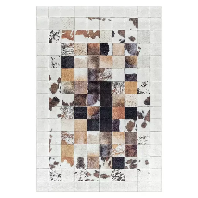 Flachgewebeteppich Fiesta - Weiß/Braun, 150 x 80 cm, 100 % Polyester - Patchwork-Kuhfellteppich aus quadratischen Naturfellstücken in verschiedenen Weiß-, Braun-, Schwarz- und Beigetönen.