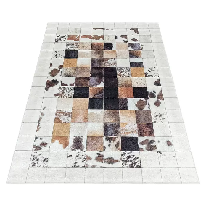 Flachgewebeteppich Fiesta - Weiß/Braun, 150 x 80 cm, 100 % Polyester - Patchwork-Kuhfellteppich mit quadratischen Abschnitten in verschiedenen Naturfarben und Mustern.