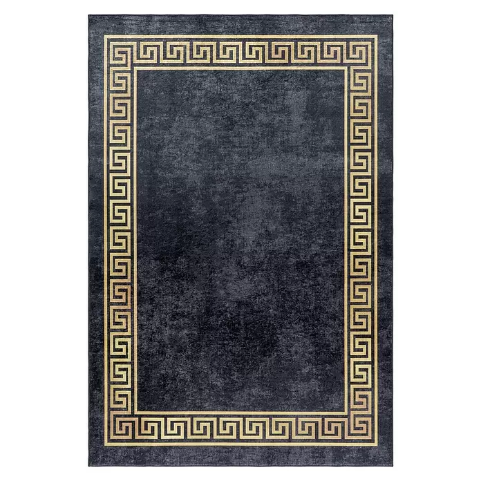 Flachgewebeteppich Fiesta - Schwarz/Gold, 150 x 80 cm, 100 % Polyester - Dunkelblauer Samtteppich mit goldenem Mäanderrand.