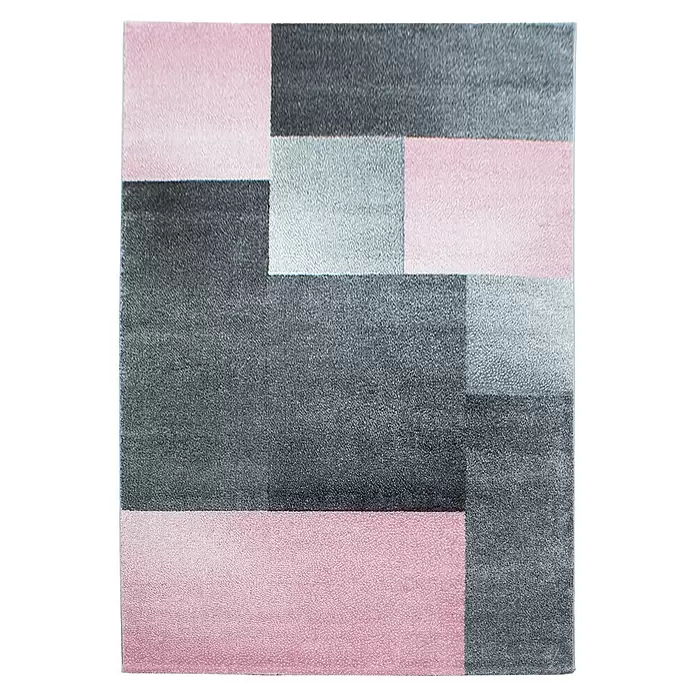 Kurzflorteppich Lucca - Pink, 250 x 80 cm, 100 % Polypropylen - Geometrischer Teppich mit rosafarbenen, dunkelgrauen und hellgrauen Blöcken.