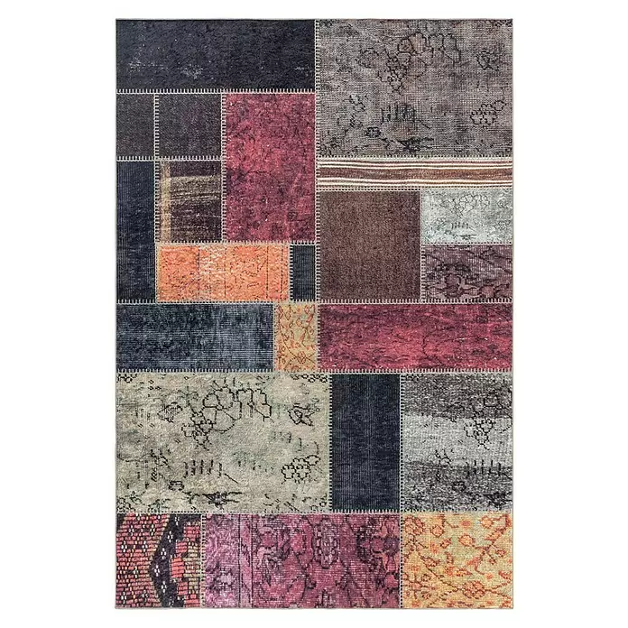 Flachgewebeteppich Fiesta - Multi, 250 x 80 cm, 100 % Polyester - Handgenähter Patchwork-Teppich aus gewebten Stoffquadraten in verblasstem Dunkellila, Weinrot, Orange, Braun, Grau und Schwarz.