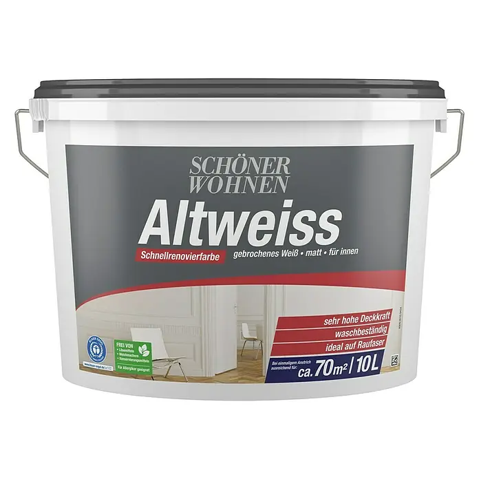 SCHÖNER WOHNEN-Farbe Wandfarbe Altweiß - Weiß, Matt, 10 l, Lösemittelfrei - Eimer mit Schöner Wohnen Altweiss Innenfarbe. Schnellrenovierfarbe, gebrochenes Weiß, matte Farbe für Innenräume, hohe Deckkraft und waschbeständig.