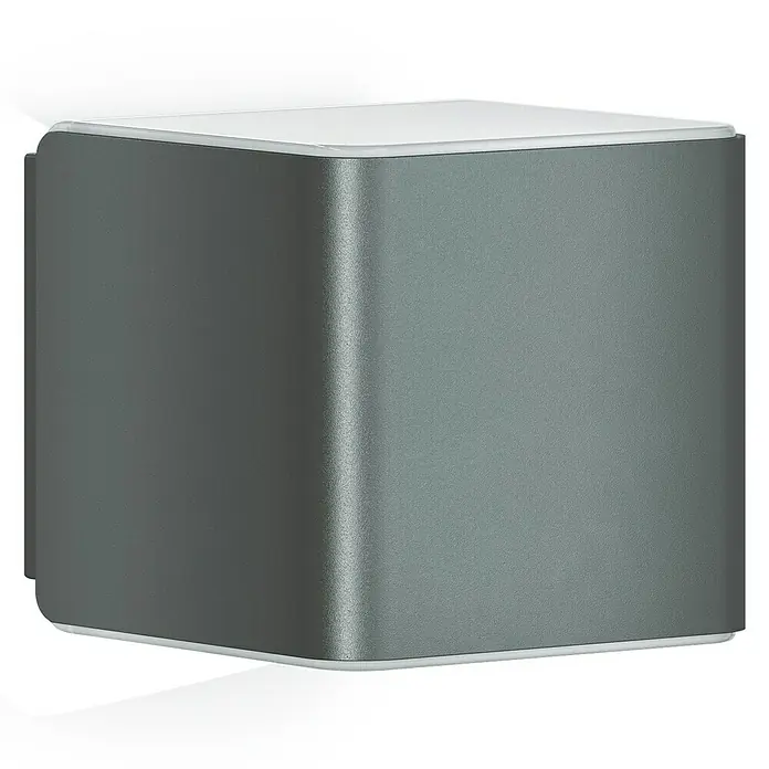 Steinel Aplique exterior LED con sensor L 840 SC - 9,1 W, L x An x Al: 11 x 11 x 13,35 cm, Antracita, Blanco cálido - Primer plano de un enrutador Wi-Fi cuadrado y gris con una parte superior blanca y un diseño minimalista.