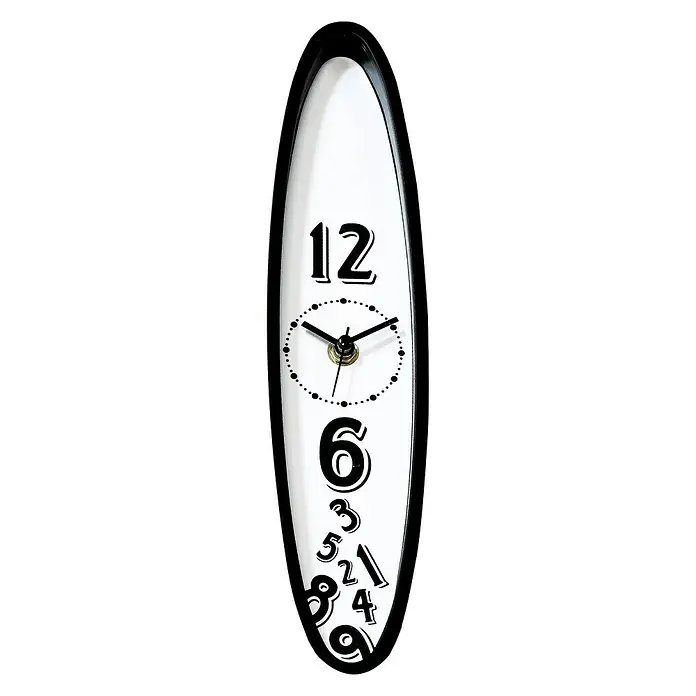 Wanduhr Oval - 7 x 34 cm, Schwarz/Weiß - Das Bild zeigt eine längliche Wanduhr mit einem weißen Zifferblatt, schwarzen Ziffern und einem schwarzen Rahmen. Die Uhr zeigt auf etwa 10:10 Uhr.