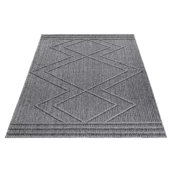Outdoor-Teppich Patara I - Grau, 170 x 120 cm, 100 % Polypropylen - Grauer, texturierter Webteppich mit geometrischem Rautenmuster und gestreiften Rändern.
