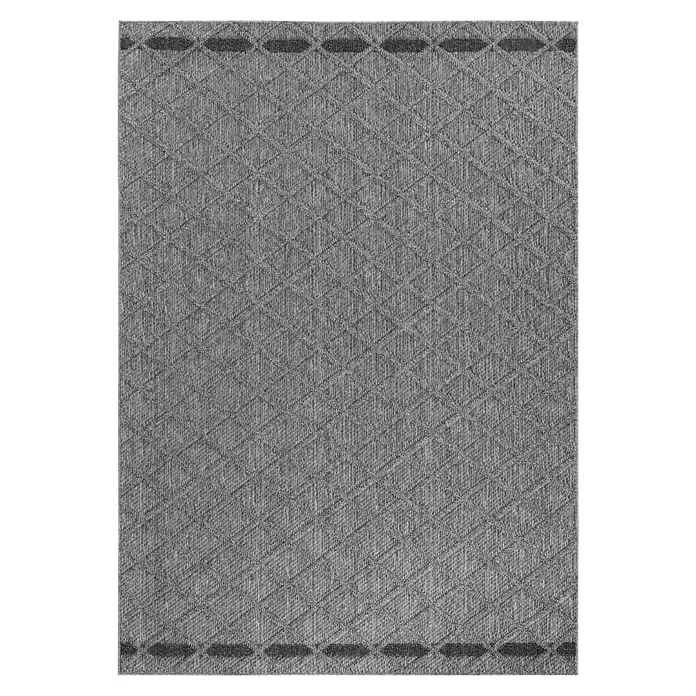 Outdoor-Teppich Patara V - Grau, 250 x 80 cm, 100 % Polypropylen - Grauer strukturierter Teppich mit geometrischem Rautenmuster und dunkleren Randdetails.