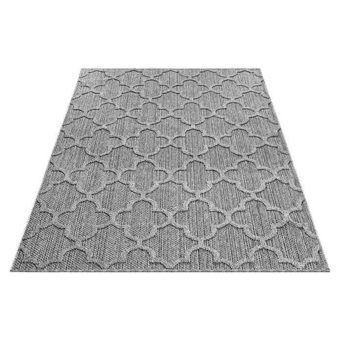 Outdoor-Teppich Patara IV - Grau, 200 x 140 cm, 100 % Polypropylen - Grauer gewebter Teppich mit erhabenem, ineinandergreifendem geometrischem Gittermuster.