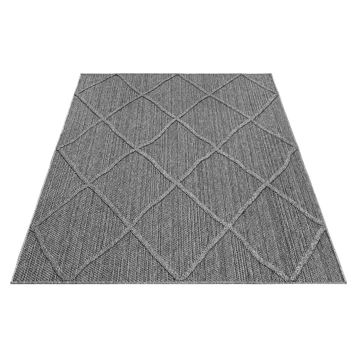 Outdoor-Teppich Patara VI - Grau, 250 x 80 cm, 100 % Polypropylen - Grauer gewebter Teppich mit erhabenem Rautenmuster.