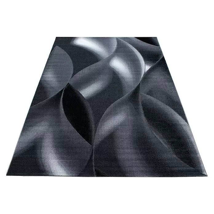 Kurzflorteppich Plus 8008 - Schwarz, 370 x 280 cm, 100 % Polypropylen - Dunkelgrauer, texturierter Teppich mit abstraktem Wellenmuster.
