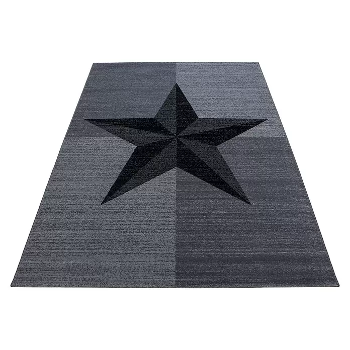Kurzflorteppich Plus 8002 - Grau, 200 x 140 cm, 100 % Polypropylen - Grauer Teppich mit großem, dunklerem Sternmuster.