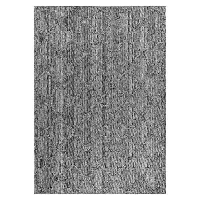 Outdoor-Teppich Patara IV - Grau, 230 x 160 cm, 100 % Polypropylen - Grauer Teppich mit strukturiertem geometrischem Muster aus ineinandergreifenden Formen auf gestreiftem Hintergrund.