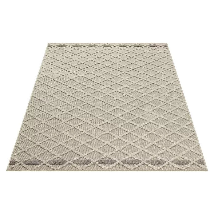 Outdoor-Teppich Patara V - Beige, 200 x 140 cm, 100 % Polypropylen - Beigefarbener strukturierter Teppich mit erhabenem Rautenmuster und dekorativen Bordüren.