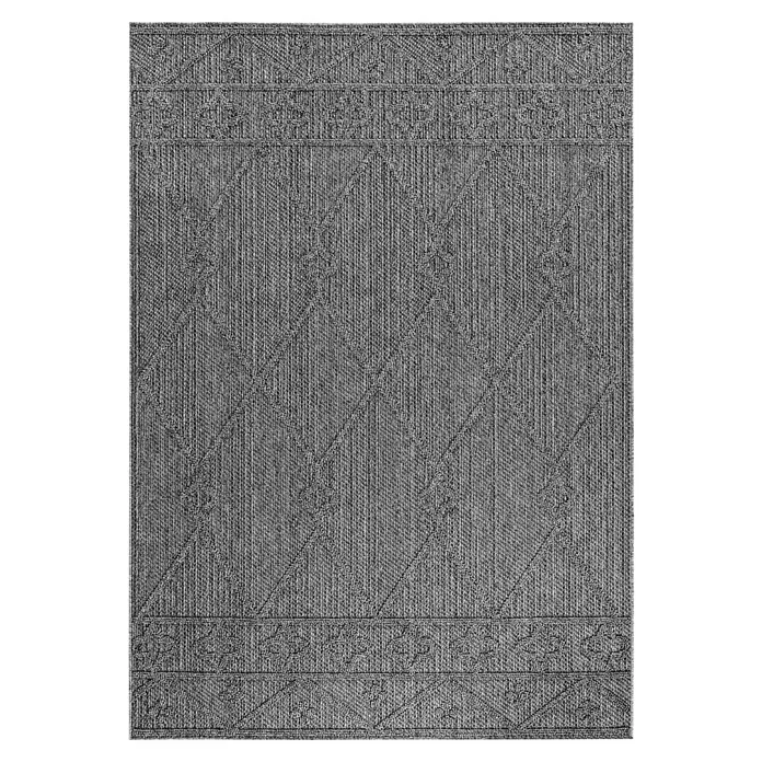 Outdoor-Teppich Patara II - Grau, 250 x 80 cm, 100 % Polypropylen - Grauer rechteckiger Teppich mit texturierten vertikalen Streifen, geometrischen Mustern und dekorativen Randbändern.