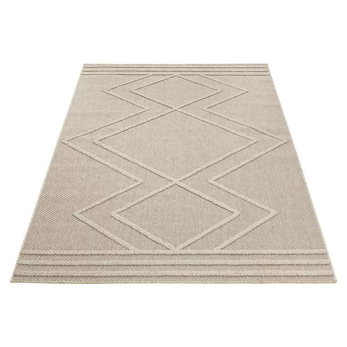Outdoor-Teppich Patara I - Beige, 230 x 160 cm, 100 % Polypropylen - Hellbeiger gewebter Teppich mit erhabenem geometrischem Zickzack- und Rautenmuster.