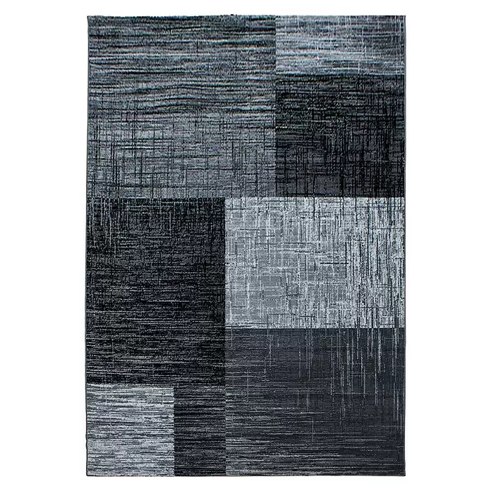 Kurzflorteppich Plus - Anthrazit/Grau, 370 x 280 cm, 100 % Polypropylen - Rechteckiger Teppich mit abstraktem geometrischem Muster in verschiedenen Schwarz- und Grautönen.