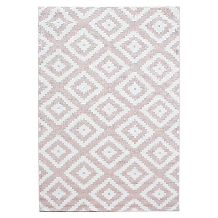 Kurzflorteppich Plus - Pink/Weiß, 200 x 140 cm, 100 % Polypropylen - Helle beige-weiße Teppich mit geometrischem Rautenmuster.
