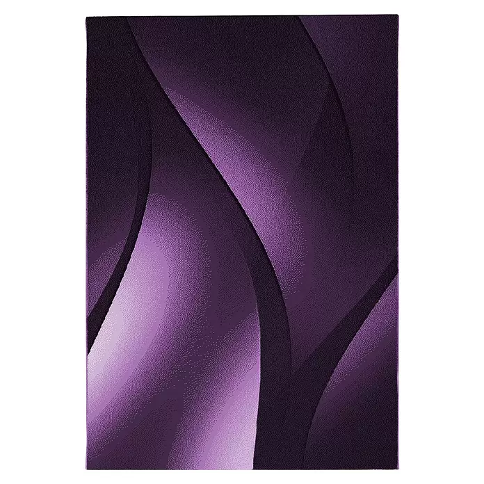 Kurzflorteppich Plus 8010 - Lila, 200 x 140 cm, 100 % Polypropylen - Abstraktes Design mit fließenden violetten Kurven in verschiedenen Schattierungen und körniger Textur.