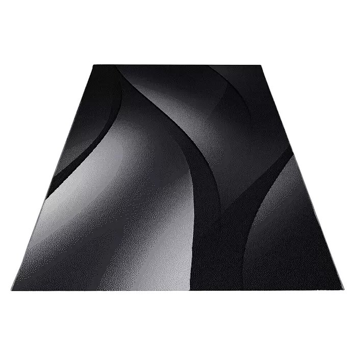 Kurzflorteppich Plus 8010 - Schwarz, 370 x 280 cm, 100 % Polypropylen - Dunkelgrau-schwarzer Teppich mit abstraktem Wellenmuster und texturierter Oberfläche.