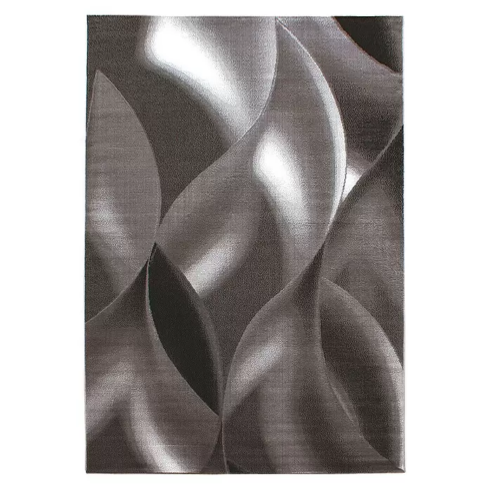 Kurzflorteppich Plus 8008 - Braun, 340 x 240 cm, 100 % Polypropylen - Dunkelgraues und silbernes abstraktes Wellenmuster mit metallischem Glanz und Textur.