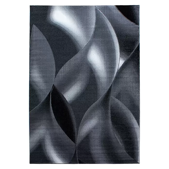 Kurzflorteppich Plus 8008 - Schwarz, 370 x 280 cm, 100 % Polypropylen - Dunkelgraue, strukturierte Oberfläche mit abstraktem, wellenförmigem Prägemuster und metallischen Glanzlichtern.