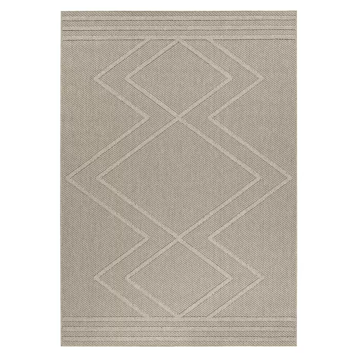 Outdoor-Teppich Patara I - Beige, 230 x 160 cm, 100 % Polypropylen - Beigefarbener gewebter Teppich mit erhabenem geometrischem Zickzack- und Rautenmuster, mit horizontalen Texturbändern an den Enden.
