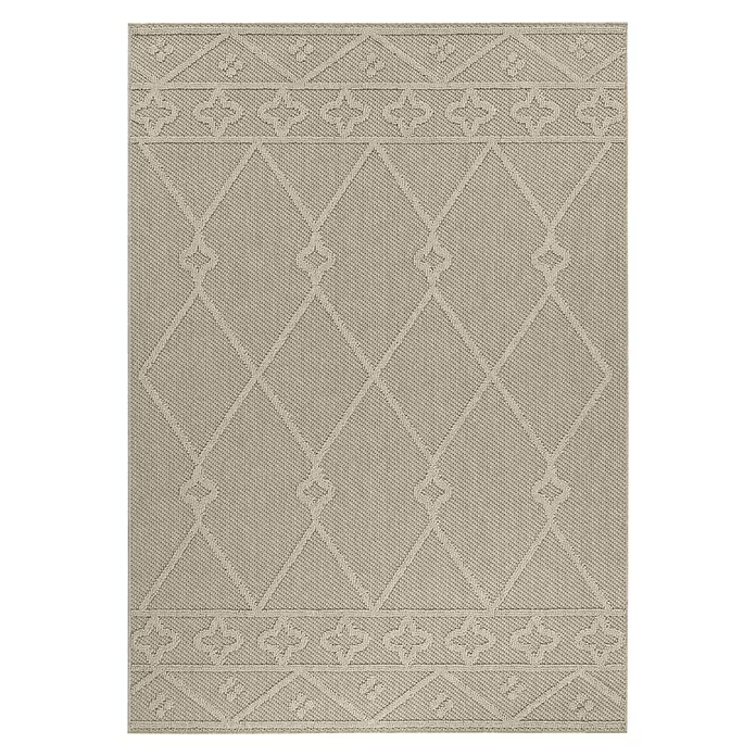 Outdoor-Teppich Patara II - Beige, 150 x 80 cm, 100 % Polypropylen - Ein beiger, strukturierter Teppich mit wiederholtem geometrischem Rautenmuster und Zierborten.