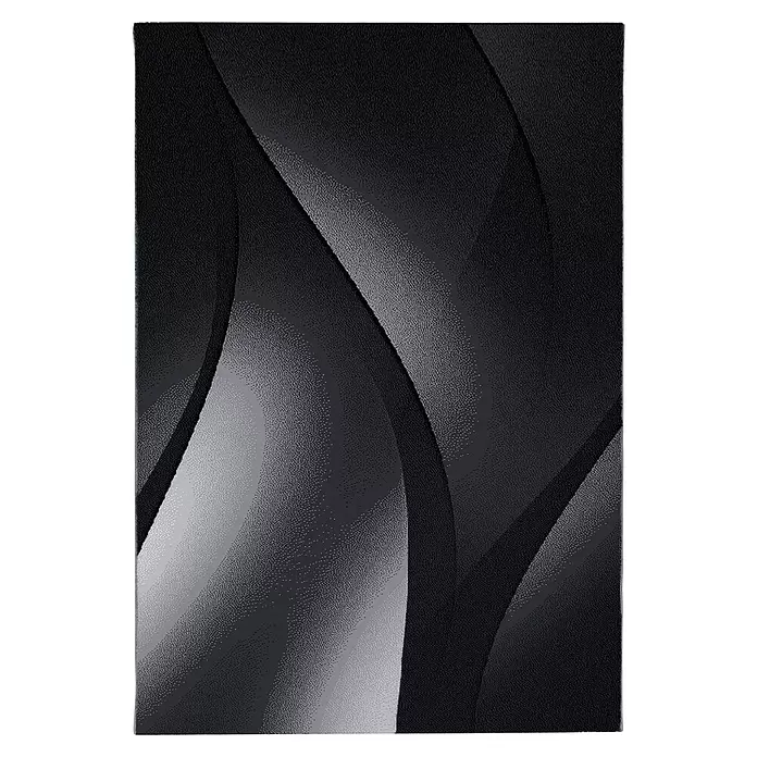 Kurzflorteppich Plus 8010 - Schwarz, 370 x 280 cm, 100 % Polypropylen - Abstrakt dunkelgrauer und schwarzer Hintergrund mit texturierten geschwungenen Linien und Farbverlauf.