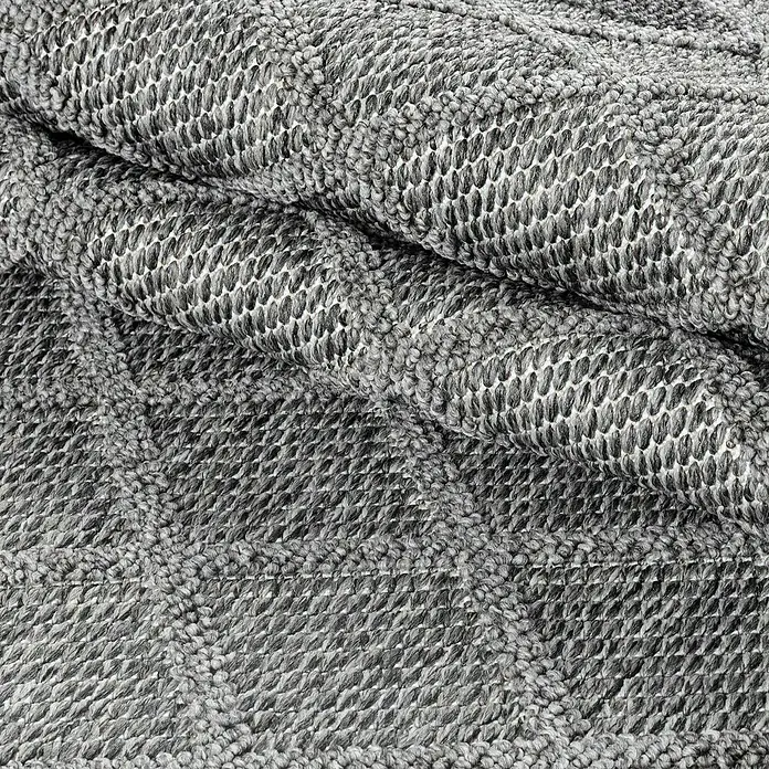 Outdoor-Teppich Patara V - Grau, 250 x 80 cm, 100 % Polypropylen - Detailaufnahme eines grau gemusterten Teppichs, der Textur und das verschlungene Design hervorhebt.