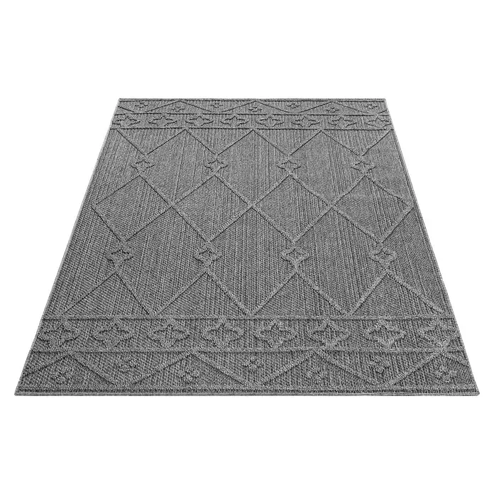 Outdoor-Teppich Patara II - Grau, 250 x 80 cm, 100 % Polypropylen - Grauer, texturierter Teppich mit Rautenmuster und dekorativen Rändern.