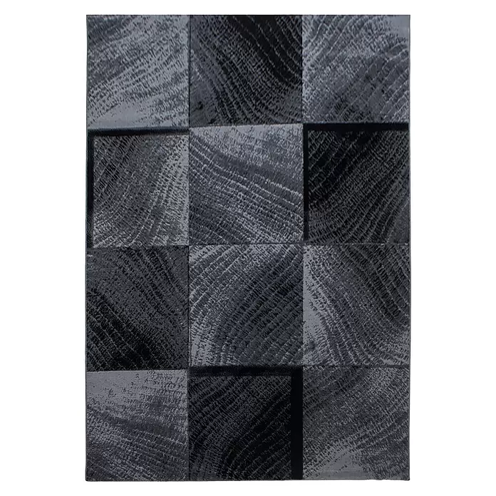 Kurzflorteppich Plus - Schwarz/Anthrazit, 370 x 280 cm, 100 % Polypropylen - Dunkelgraues und schwarzes kariertes, strukturiertes Muster, das an Stirnholzfliesen erinnert.