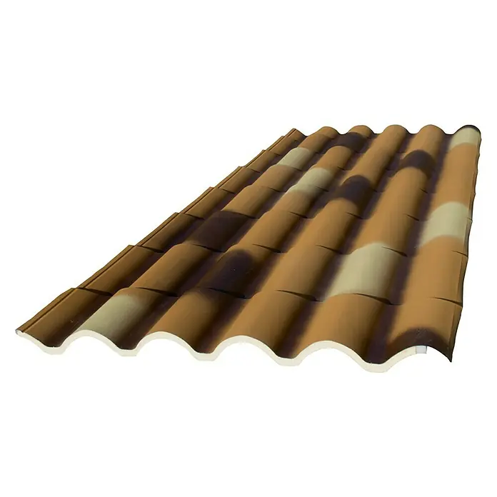 Panel de sándwich  Coppo Tek Alvero - 2,58 m x 1,04 m x 15 mm, Teja - Vista detallada de una teja marrón con superficie ondulada, diseñada para aplicaciones de techado.