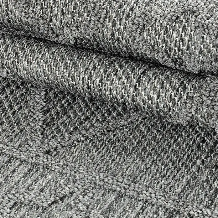 Outdoor-Teppich Patara II - Grau, 250 x 80 cm, 100 % Polypropylen - Nahaufnahme eines gewebten, grauen Teppichs mit einer interessanten Textur, die eine warme und einladende Atmosphäre erzeugt.