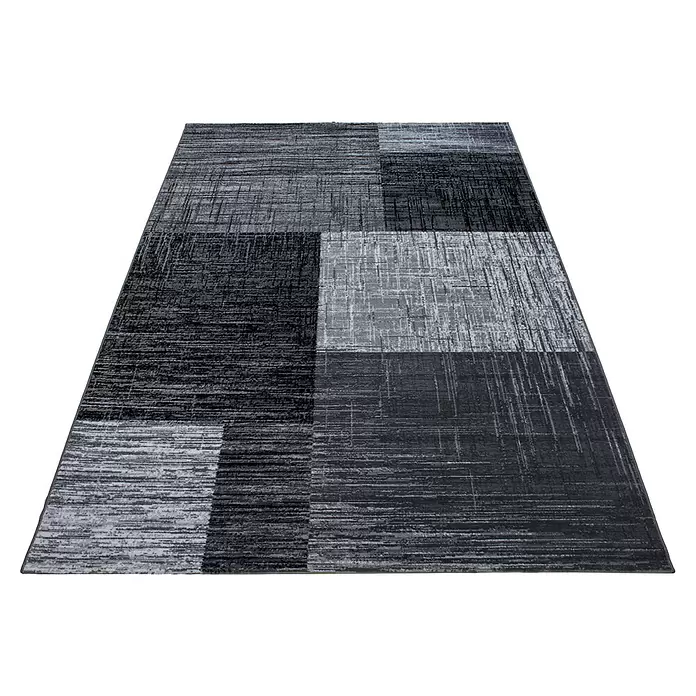 Kurzflorteppich Plus - Anthrazit/Grau, 370 x 280 cm, 100 % Polypropylen - Moderner, abstrakter Teppich mit geometrischen Mustern in Grau-, Schwarz- und Weißtönen als Bodenbelag.