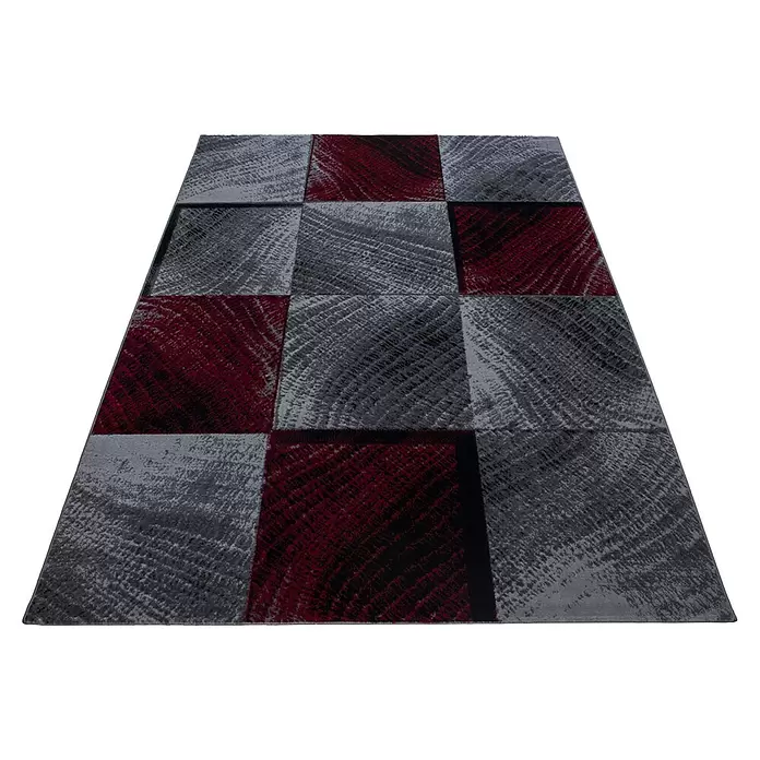Kurzflorteppich Plus - Rot/Grau, 370 x 280 cm, 100 % Polypropylen - Strukturierter Teppich mit grauem und rotem Schachbrettmuster.