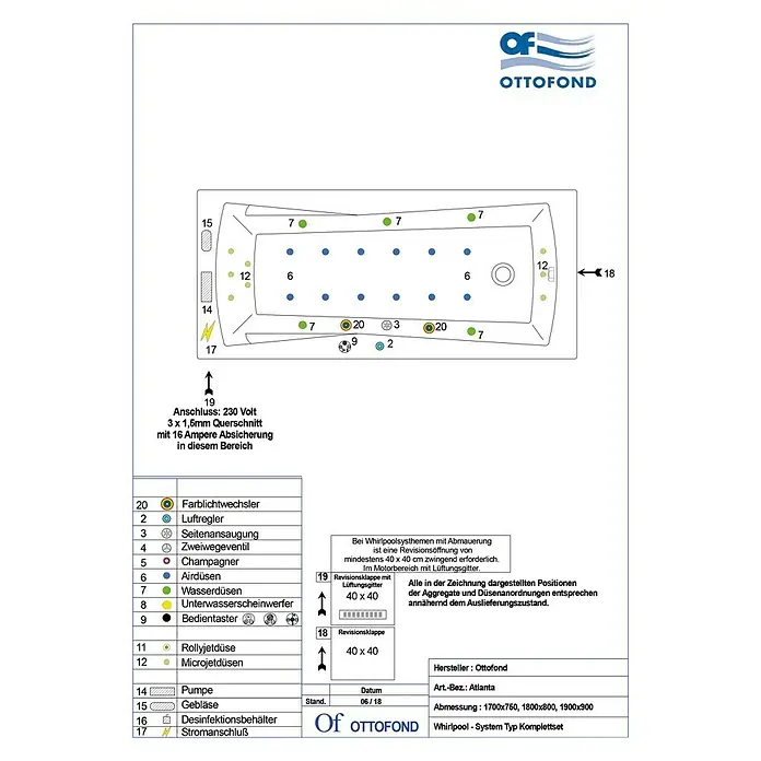 Ottofond Whirlpool Santos - 190 x 90 cm, Sanitäracryl, Weiß - Abbildung eines Ottofond Whirlpool-Systems mit detaillierten Komponenten und Abmessungen für Installation und Design.
