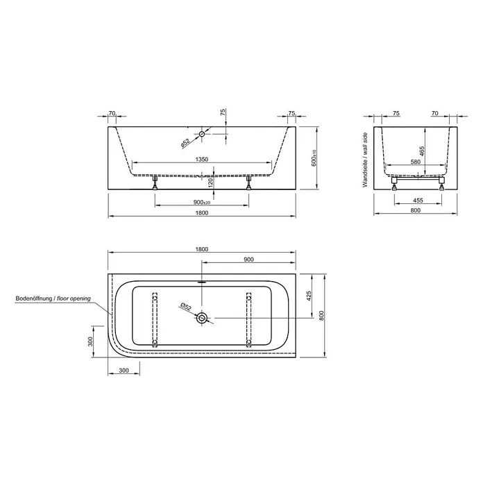 Ottofond Badewanne Bonita - 180 x 80 cm, Sanitäracryl, Weiß, Links, Mit Ab- und Überlaufgarnitur und Wannenrandarmatur - Technische Zeichnung einer rechteckigen Badewanne mit Abmessungen und Details zur Bodenöffnung.