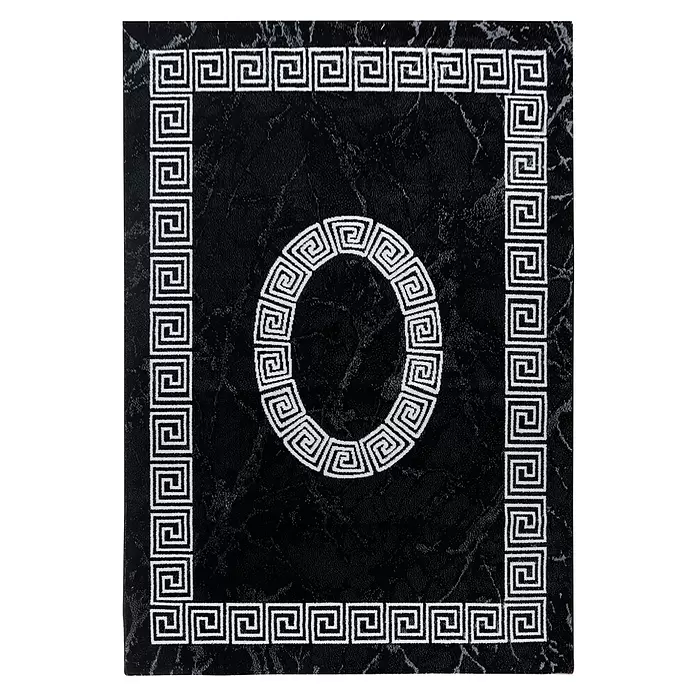 Kurzflorteppich Plus 8009 - Schwarz, 370 x 280 cm, 100 % Polypropylen - Schwarzes strukturiertes Panel mit weißem Mäanderrand und zentralem O-Muster.