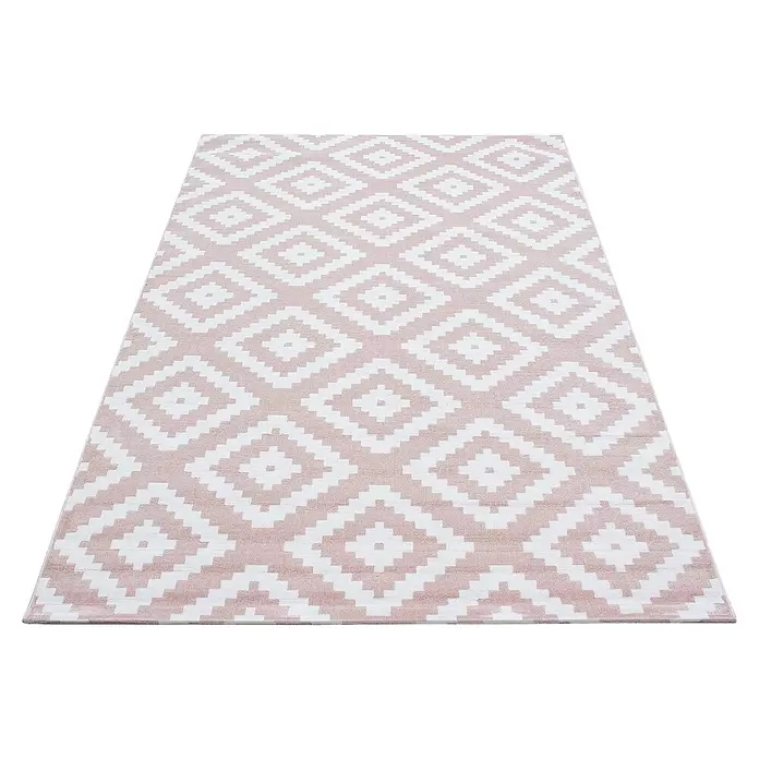Kurzflorteppich Plus - Pink/Weiß, 200 x 140 cm, 100 % Polypropylen - Pink-weißer Teppich mit geometrischem Rautenmuster.