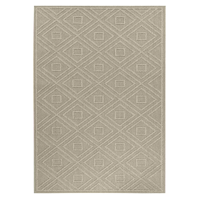 Outdoor-Teppich Patara III - Beige, 250 x 80 cm, 100 % Polypropylen - Beiger, strukturierter Teppich mit wiederkehrendem geometrischem Rautenmuster und erhabenen inneren Quadraten.