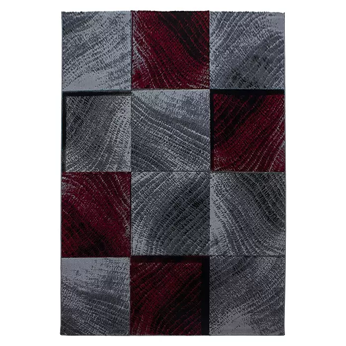 Kurzflorteppich Plus - Rot/Grau, 370 x 280 cm, 100 % Polypropylen - Schachbrett-Teppich mit abwechselnden dunkelroten und grauen Quadraten und abstraktem, distressed Muster.