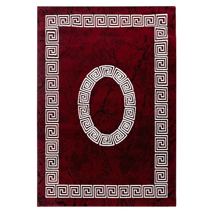 Kurzflorteppich Plus 8009 - Rot, 200 x 140 cm, 100 % Polypropylen - Dunkelrote rechteckige Matte mit weißem Mäander-Rand und ovalem Muster.