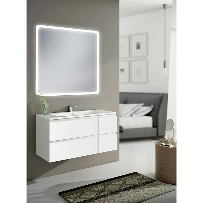 Mueble bajo de lavabo Sheyla - An x Pr x Al: 80 x 45 x 50 cm, Blanco - Elegante lavabo de baño con espejo iluminado por LED. El diseño moderno en blanco se integra perfectamente en cualquier ambiente de baño.