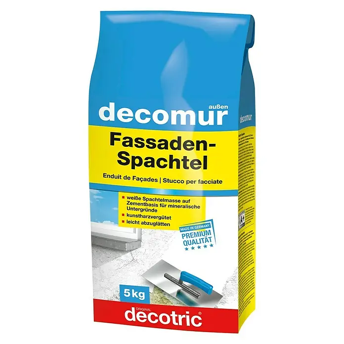 Decotric Fassaden-Spachtel decomur - 5 kg - Abbildung eines 5 kg Sackes Decotric Fassaden-Spachtel, eine hochwertige Spachtelmasse für Fassaden, ideal für den Aussenbereich.